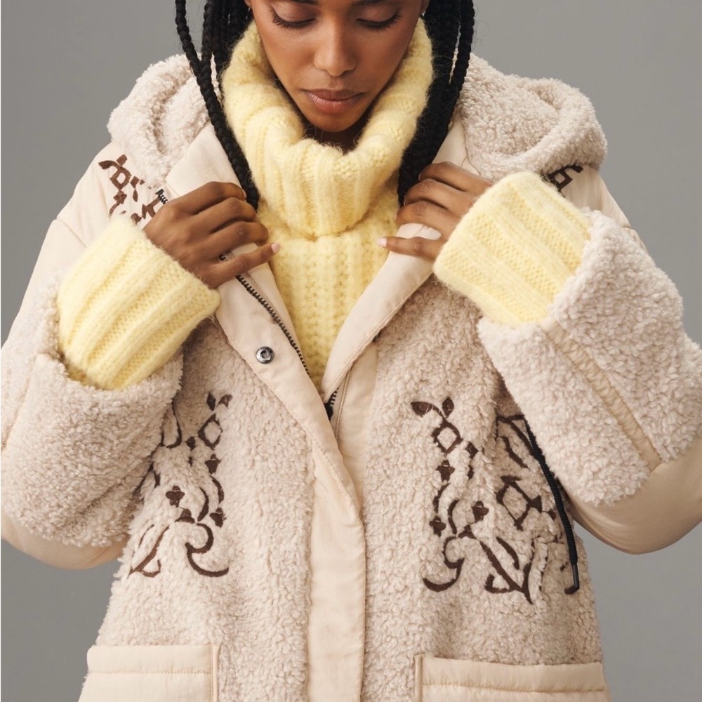 Pilcro x Anthropologie Embroidered Hooded Sherpa Coat